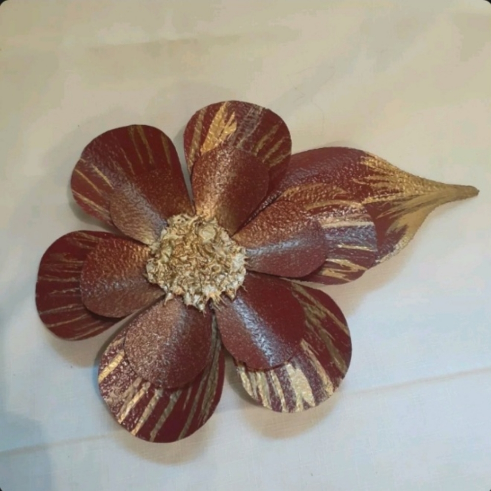 Fiesta Flower Aluminum and Brass Wall Sculpture Gold and Merlot 2021